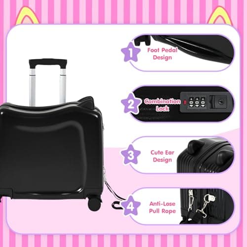 smilesun 20" Ride-On Travel Suitcase for Kids, Cute Ear Toddler Carry on Luggage with Spinner Wheels, Children Rolling Trolly Luggage with Combination Lock (Coal Black with Rope) - Thumbnail 3