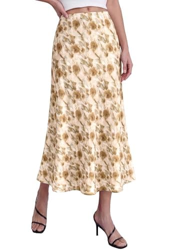 BTFBM Satin Skirts for Women Trendy Spring Summer 2026 High Waisted Leopard Print Cocktail Wedding Long Silk Midi Skirt(Floral Apricot Brown, Small) - Image 1