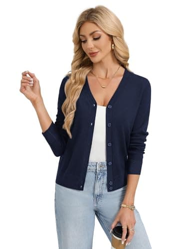 GRACE KARIN Womens Navy Cardigan Sweaters Lightweight Button Up V-Neck Spring Cardigans Trendy Summer Knit Shrug XL - Thumbnail 2