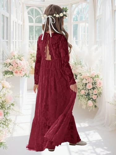 ALLOVIN Toddler & Girls Long Sleeve Lace Flower Girl Dress Maxi Boho A-Line Dress for Wedding Baptism 1st Communion | Burgundy | 6-7Y - Thumbnail 6