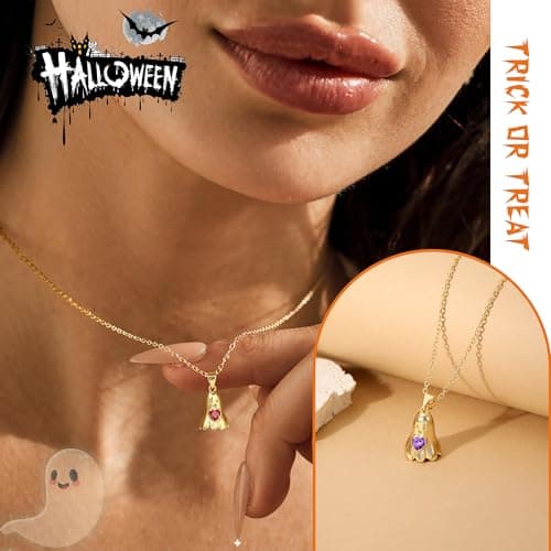 Ghost Necklace, Halloween Necklace with Ghost Face Halloween Gifts for Women Amethyst Birthstone Necklaces for Women February Birthday Gift for Sister Daughter 14k Gold Plated Jewelry - Thumbnail 5