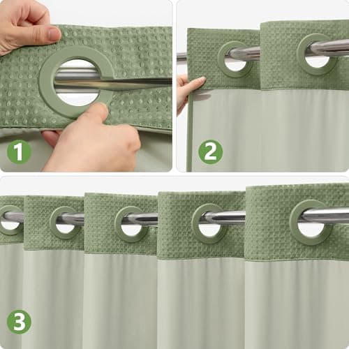 PILOTSHARK No Hook Waffle Weave Shower Curtain Set with Snap-in Fabric Liner and Mesh Top Window,256GSM Heavy Duty Fabric,Green Washable Luxury Shower Curtain for Bathroom Stalls (72x75 Inch) - Thumbnail 3