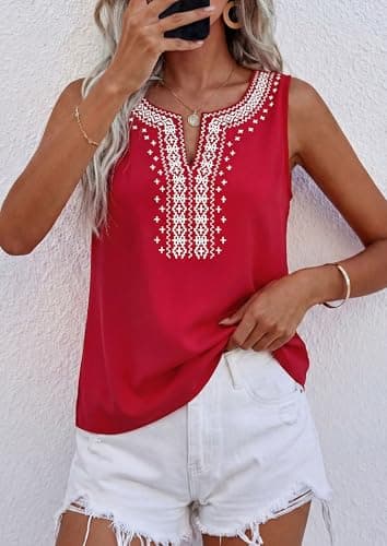 PRETTYGARDEN Womens Tank Tops 2026 Summer Causal V Neck Sleeveless Shirts Floral Print Embroidered Beach Vacation Boho Top(Red,Large) - Thumbnail 4