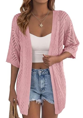 PRETTYGARDEN Women's Lightweight Summer Cardigans 2026 Short Sleeve Knit Crochet Coverups Spring Boho Beach Vacation Clothes (Pink,X-Large) - Image 1