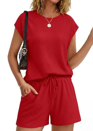 KIRUNDO Waffle Knit Short Sets For Women 2026 Summer Two Piece Cap Sleeve Lounge Set Matching Drawstring Vacation Outfits(Red, Small) - Image 1