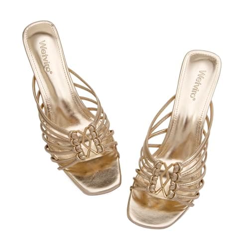 Wetviro Womens Gold Slip On Mules Sandals Low Kitten Heels Square Open Toe Dressy Comfortable Shoes for Women (2026) - Image 1