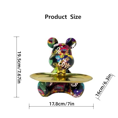 Coniuty Hypebeast Graffiti Bear Sculpture with Tray for Candy and Accessory, Resin Animal Statue Home Decor for Living Room, Office on Table, Shelf and Cabinet (B) - Thumbnail 2