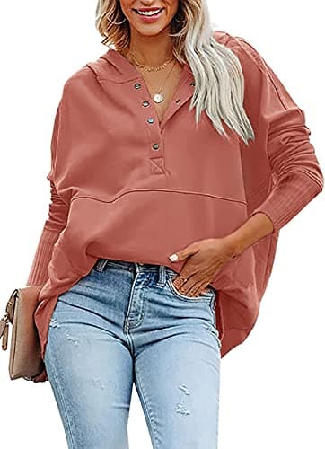 PRETTYGARDEN Womens Long Sleeve Casual Button V Neck Hoodies Oversized Pullover Sweatshirt Loose Hooded Tops with Pockets (Orange Pink,Medium) - Thumbnail 2
