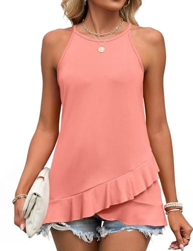JUSTFASHIONNOW Womens Halter Tank Top Dressy Casual High Neck Tank Camisole Tops Flowy Ruffle Hem Sleeveless Summer Blouses Beach Vacation Clothes (Coral,Large) - Thumbnail 3
