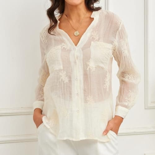 Women Roll Up V Neck Button Down Shirt Tunic Ladies Cotton See Through Embroideried Lightweight Boho Sheer Ivory Cream Off White Light Beige Ecru Elegant Shirts X-Large XL for Beach Holiday Vocation - Thumbnail 2