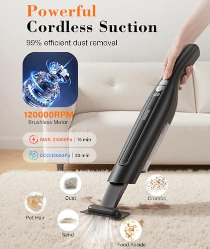 CUIOFREE Cordless Handheld Vacuum,24KPA Powerful Hand Held Vacuum,Portable Rechargeable Car Vacuum Cleaner with Brushless Motor,Charging Dock and Washable Filter for Car,Home,Office,Pet Pair,Black - Thumbnail 2