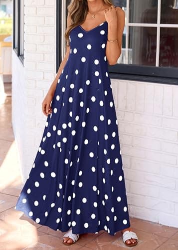KIRUNDO Polka Dot Dress for Women Summer 2026 Sleeveless Spaghetti Strap Beach Vacation Cruise Boho Long Flowy Maxi Dresses(Navy, X-Large) - Thumbnail 4
