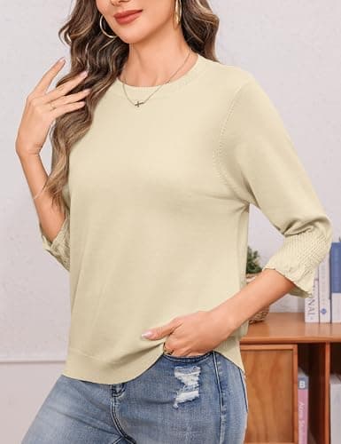 Totatuit Womens 2026 Sweaters 3/4 Sleeve Tops Classic Crew Neck Sweaters Form-Fitting Basic Teachers Clothes Apricot XX-Large - Thumbnail 2