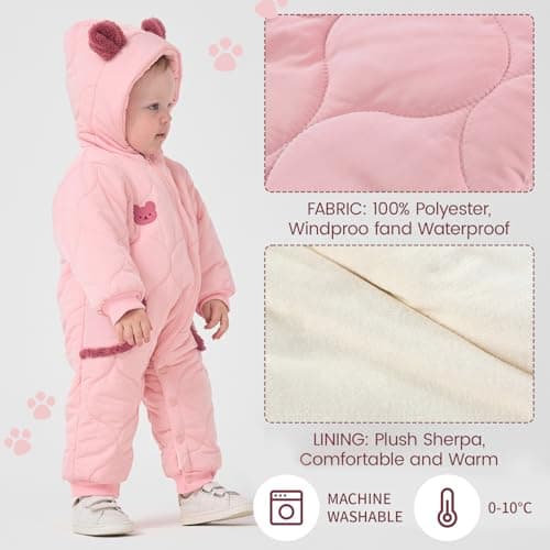 JiAmy Baby Snowsuit Baby Hooded Winter Clothes Newborn Winter Outfit Coat Toddler Boy Girl Clothes Pink 6-9 Months - Thumbnail 4