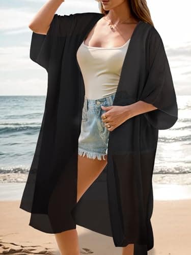 Women's Boho Long Kimono Cardigan Dusters Summer Lightweight Chiffon Sheer Beach Swimsuit Swimwear Bathing Suit Bikini Cover Ups Coverup Plus Size Resort Wear Solid Color Black XX-Large - Thumbnail 4