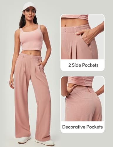 IUGA Wide Leg Pants Woman Pull on Stretchy Work Dress Pants High Waisted Business Casual Trousers Slacks Petite, Small, Pink - Thumbnail 5
