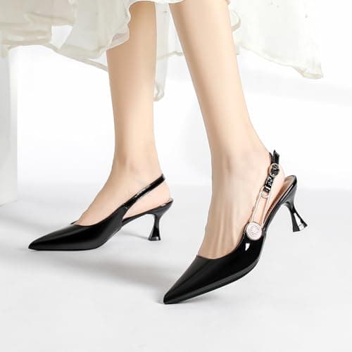 QFDZLA Women's Slingback Kitten Heels Closed Pointy Toe Elegant Dressy Wedding Party Dress Shoes Pumps for Women Black 5 - Thumbnail 3