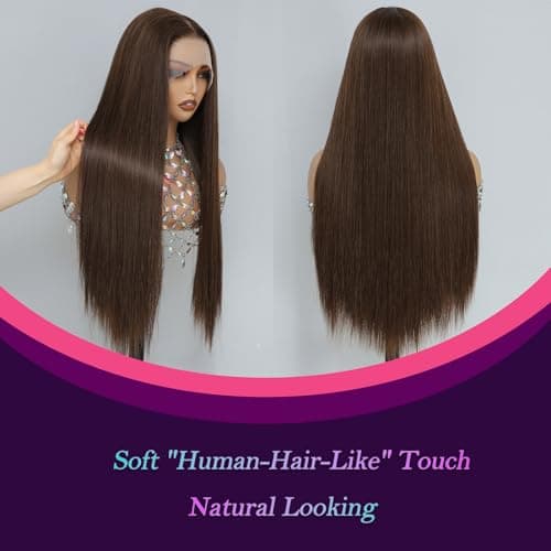 Barbique Chocolate Brown Synthetic Lace Front Wig, 13x6 Hd Lace Wig Glueless Synthetic Heat Resistant Long Straight Brown Wig Deep Parting with Baby Hair 26 Inch Suitable For Everyday Wear - Thumbnail 2