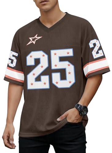 Jersey Shirts for Men Oversized Number Graphic Tees V Neck Y2k Jersey Vintage Streetwear Short Sleeves Tops Brown - Image 1