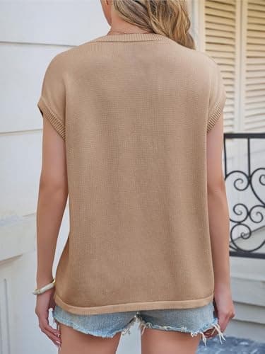 Saodimallsu Womens 2026 Summer Sleeveless Tank Tops Cap Sleeve Crew Neck Loose Casual Knit Pullover Sweater Vest Z-Khaki - Thumbnail 6