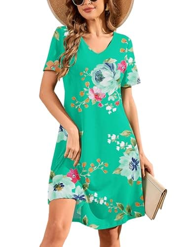 DEARCASE Women's Short Sleeve Casual Floral Tunic Dress V-Neck Loose Boho Knee Length Fall Summer Petite Stretch A-Line Wedding Guest Flowy Swing Church Tshirt Dresses Mint Green Flower XX-Large