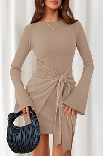 dowerme Women's Casual Mini Dress 2026 Bell Long Sleeve Boat Neck Tie Waist Bodycon Dresses Knitted Party Fall Outfits(Khaki,XX-Large) - Thumbnail 2