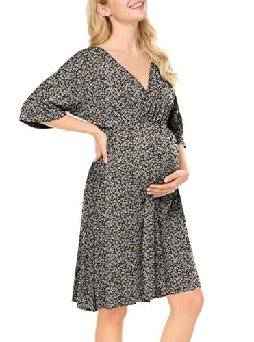 Nursing Dresses Breastfeeding Dress for Women - V Neck Maternity Nursing Dress Flowy Boho Floral Vacation Dress Black - Image 1