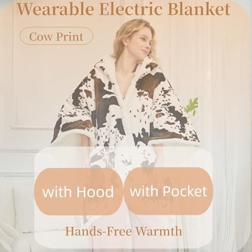 Heated Electric Blanket Shawl Cow Print Wearable Heated Blanket with Hood & Pocket, Winter Gifts for Adults, Soft Heating Blanket Throw with 4 Heat Levels & Auto Shut-Off, Cow Print, 50" x 64" - Thumbnail 6