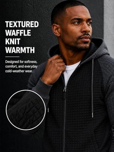 Men's Lightweight Waffle Knit Hoodie Zip Up Long Sleeve Hood Casual Warm Sweatshirt Drawstring Jacket with Pocket - Thumbnail 3