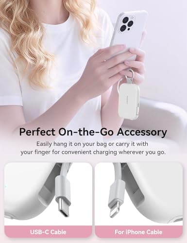 RORRY Portable Charger, 5000mAh Portable Charger Power Bank with Built-in Cables, Travel Keychain Charger Battery Pack for iPhone 17/16/15/14/13/12, for AirPods 2/3/4/Pro, White - Thumbnail 2