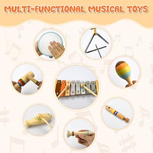 Baby Musical Instruments-Montessori Wooden Toys for Toddlers 1-3 Neutral Colors Percussion Instruments Set with Modern Boho Xylophone for Kids Preschool Educational,Includes Storage Bag - Thumbnail 4