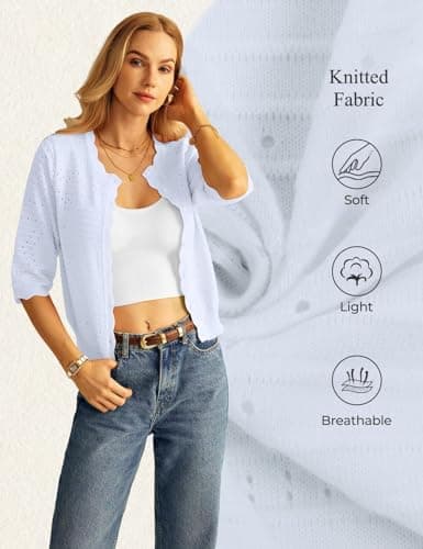 GRACE KARIN Womens Short Sleeve Cardigan Sweater, Lightweight Cotton Cardigan Trendy, Open Front Bolero Shrugs for Dress White - Thumbnail 4
