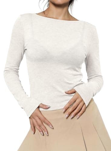 EVALESS Womens Long Sleeve Sheer Tops Wool Blend Shirts 2026 Casual Fitted Basic Tees Boat Neck See Through Tops Lightweight T Shirts White XX-Large - Image 1