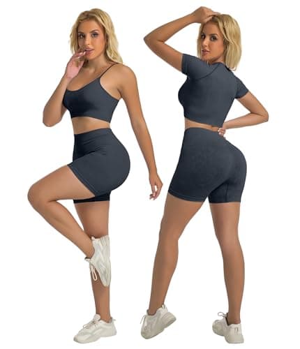 YOAKUKA Women's 4 Piece Workout Sets Seamless Acid Wash Yoga Outfits with Short Sleeve Top Sports Bra Biker Shorts High Waist Leggings Active Set - Thumbnail 2