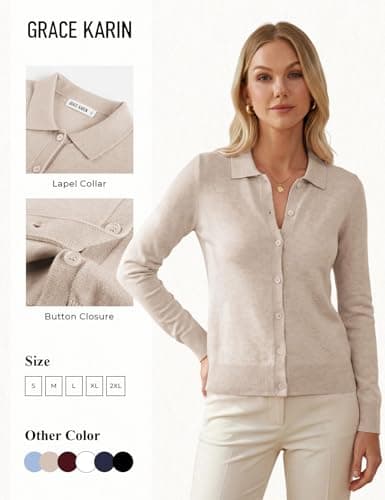 GRACE KARIN Women Cardigan Sweaters Trendy Fall Fashion Button Up Cardigans Lapel Collar Long Sleeve Outfits(Beige,Small) - Thumbnail 4