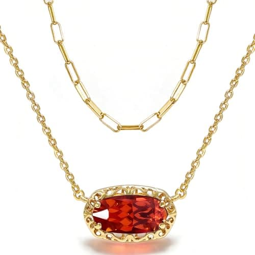 Anranyo Birthstone Necklace for Women, Oval Cut Garnet Paperclip Stackable Necklaces, 18K Gold Plated Dainty Red Cubic Zirconia Pendant Necklace，Non Tarnish, Birthday Mothers Day Gifts for Wife