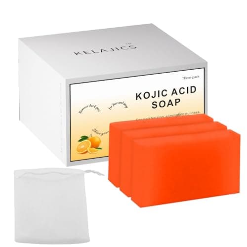 KELAJICS Kojic Acid Soap Bars with Retinol, Collagen, Vitamin C, Fresh Orange Scent for Face and Body, Moisturizes, Smooth and Evenly Radiant (3 Pack)