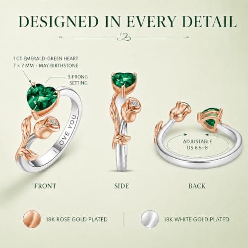 1CT Rose Heart Adjustable Ring 6.5~8 Emerald Ring Emerald VVS1 D Clarity 18K White/Rose Gold Gift for Wife Mother Daughter Birthday Wedding Engagement Christmas Anniversary Mothers Day Gift for Mom Bride - Thumbnail 6