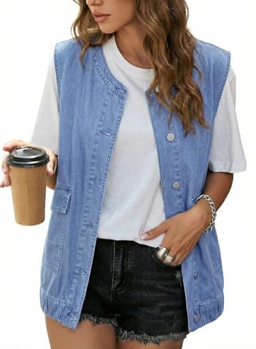 Dokotoo Sky Blue Vest Women Denim Tank Top Crewneck Button Down Sleeveless Shirts Casual Blouse Tops Loose Fit Open Front Waistcoat with Pockets Medium - Image 1
