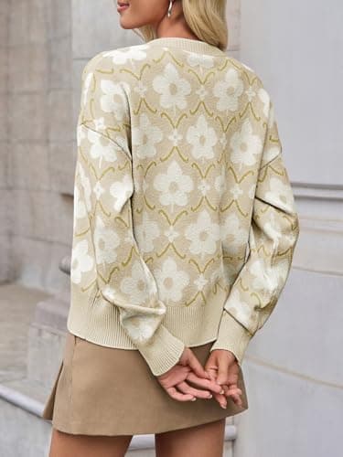 Saodimallsu Womens Floral Cardigan Sweaters Classic Beige Flower Pattern Long Sleeve Open Front Button Up Sweater 2025 - Thumbnail 4