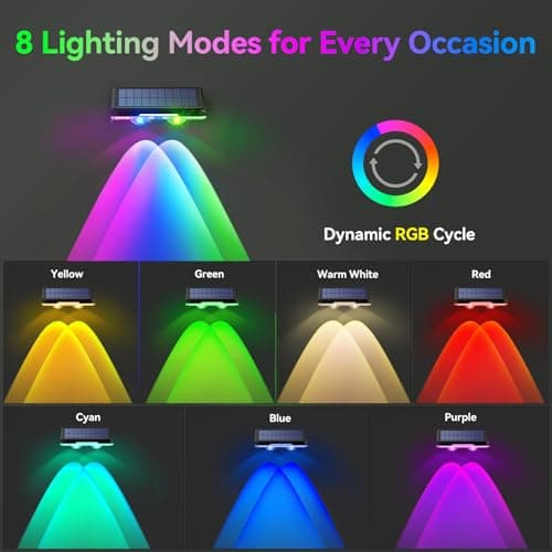 TECKNET Solar Fence Lights Outdoor 12 Pack, Warm White & 6 Colors & RGB, IP66 Waterproof LED Deck Light, Dusk to Dawn Fence Lights Solar for Wall, Railing, Step, Patio, Pool, Backyard, Outside - Thumbnail 2