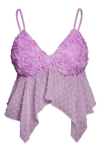 AIMISHI Sexy 3D Flower Crop Top for Women Y2K V Neck Tank Tops Spaghetti Strap Ruffle Camisole Summer Going Out Outfits Purple X-Large - Image 1