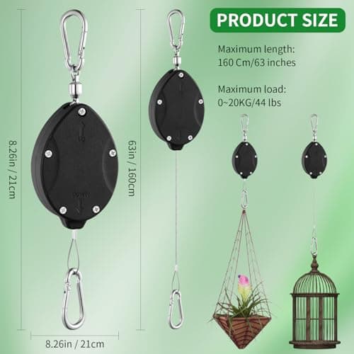 4 Pack Heavy Duty Retractable Plant Hangers, Adjustable Pull-Down Pulleys with 63" Stainless Steel Rope, Double Hooks for Hanging Plants, Bird Feeders, Planters & Pots, Indoor & Outdoor Use - Thumbnail 2