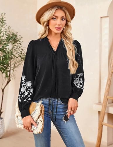 LOOKBOHO Womens Dressy Casual Boho Tops Embroidered V Neck Trendy Puff Long Sleeve Peplum Blouses Black XL - Thumbnail 6