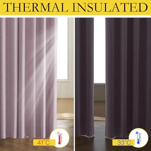 NICETOWN Pink Vintage Linen 100% Blackout Curtains for Living Room, Thermal Insulated Curtains 90" Long, Noise Reducing Window Treatment Drapes for Home Cinema, 52" Wide Per Panel, Set of 2 - Thumbnail 3