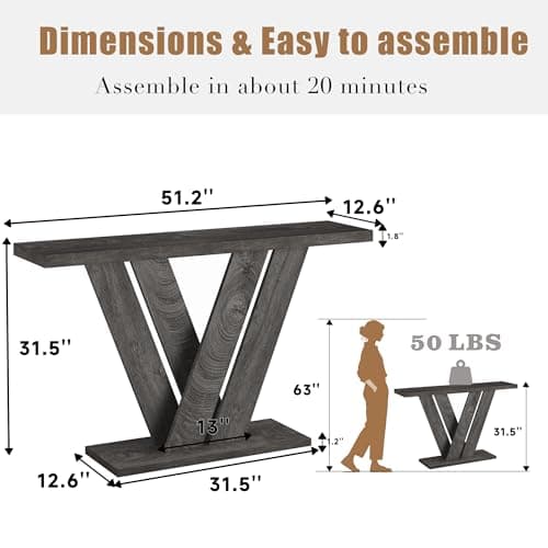 karlott 51 Inch Console Table, Modern V-Shaped Entryway Table, Wood Sofa Table Behind The Couch for Living Room, Hallway, Entrance, Foyer, Easy Assembly, Grey - Thumbnail 2
