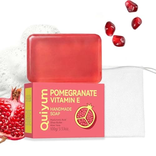QUIYUM Pomegranate Vitamin E Handmade Soap - Moisturizing Face & Body Cleansing Bar with Hyaluronic Acid, Shea Butter & Aloe Vera - Nourishing Cleanser for Dull & Dry Skin, All Skin Types - 100g - Image 1