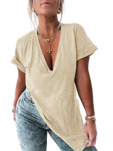 UNCLECAT Womens Deep V Neck T Shirts Oversized Side Split Summer Loose Sexy Tunic Tops Beige