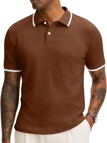 Comdecevis Knit Polo Shirts Men Short Sleeve Textured Collared Golf Shirts L Brown - Image 1