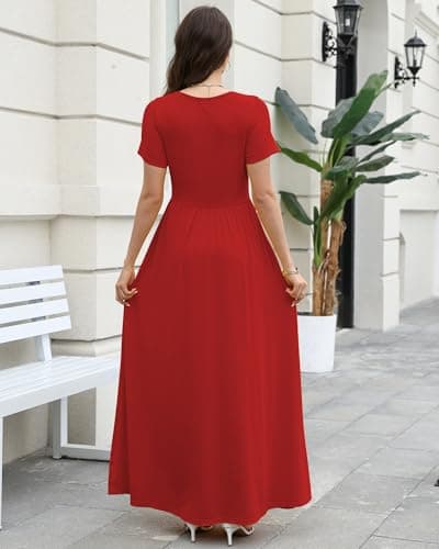 COSSEN Women’s Crewneck Short Sleeve Maxi Dress Red X-Large with Pockets – Casual Loose Swing Sundress for Wedding Guest, Beach & Vacation - Thumbnail 2